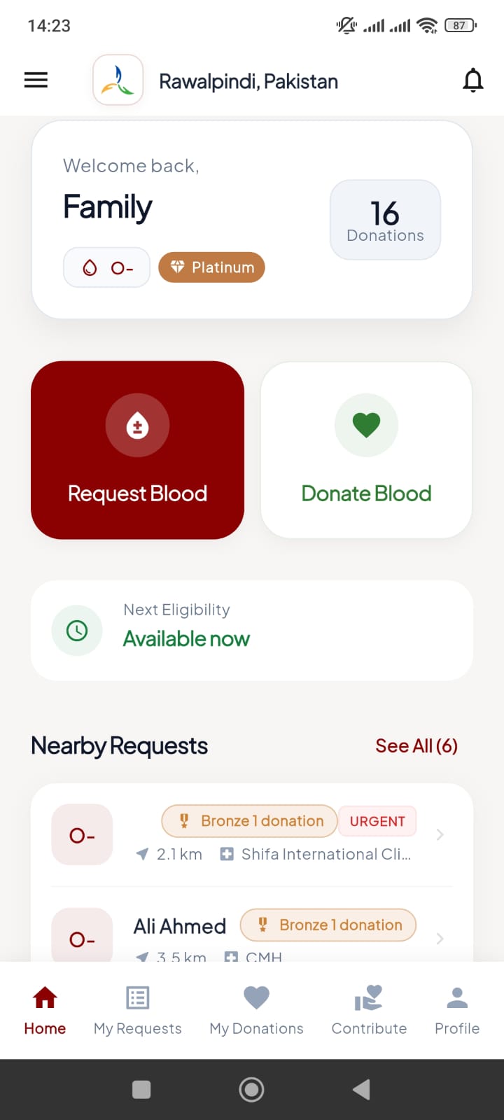 Blood Link donor dashboard screen