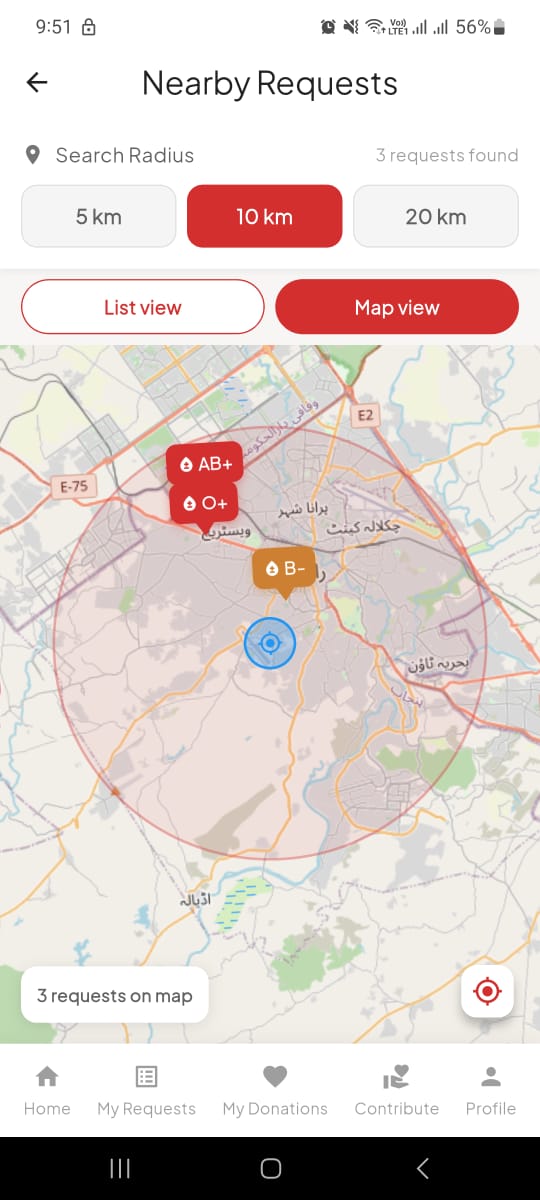 Blood Link donation request map view screen