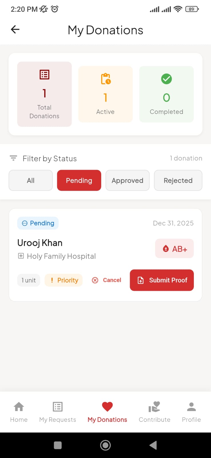 Blood Link community contribution screen