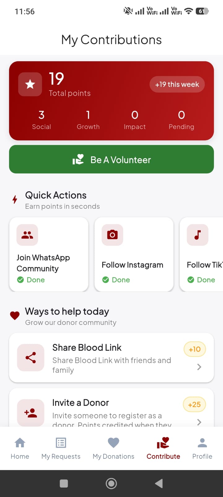 Blood Link my contributions screen
