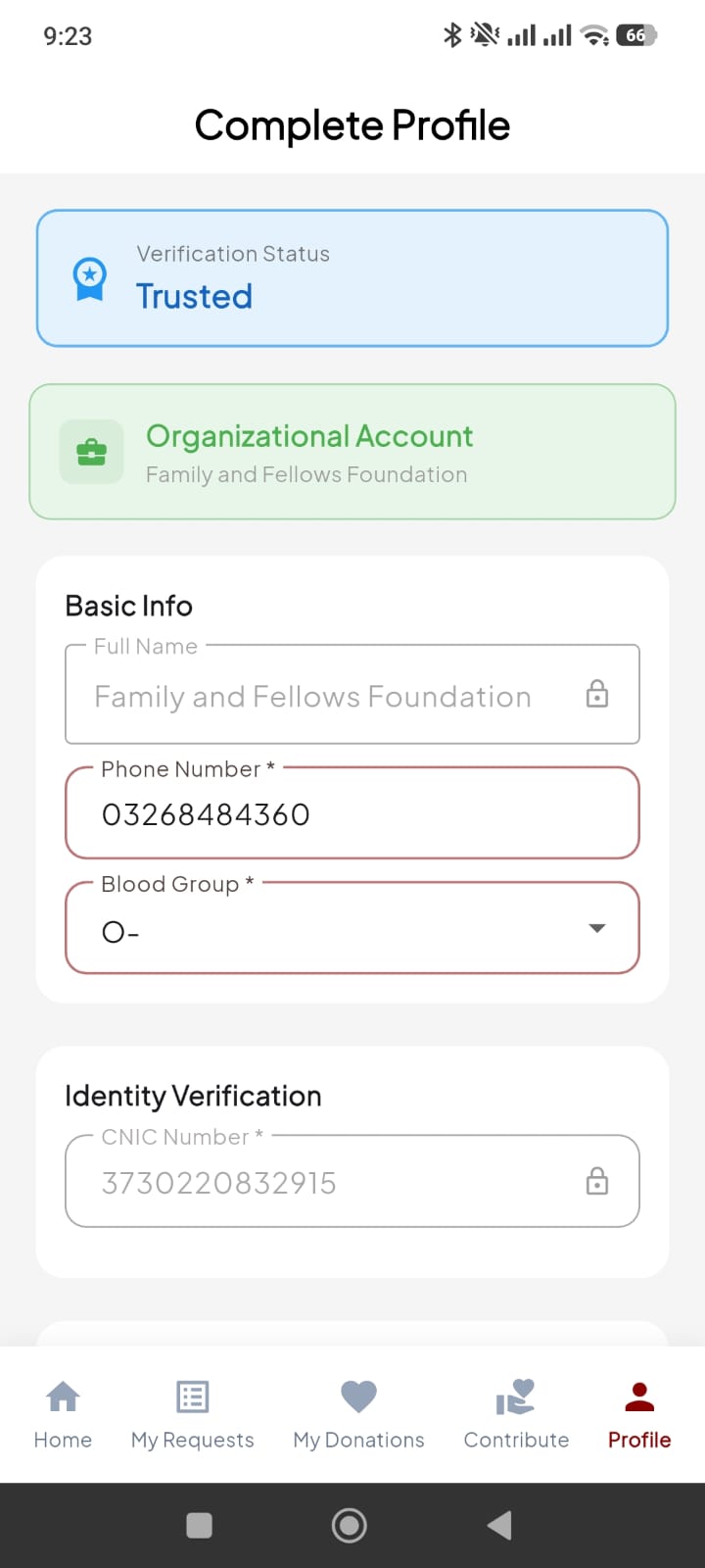 Blood Link organizational account screen