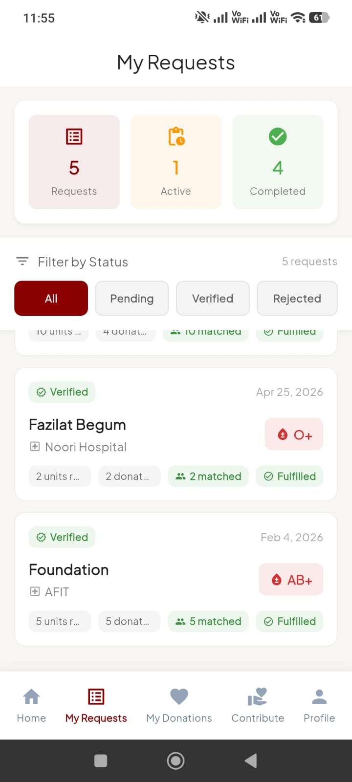 Blood Link organizational request tracking screen