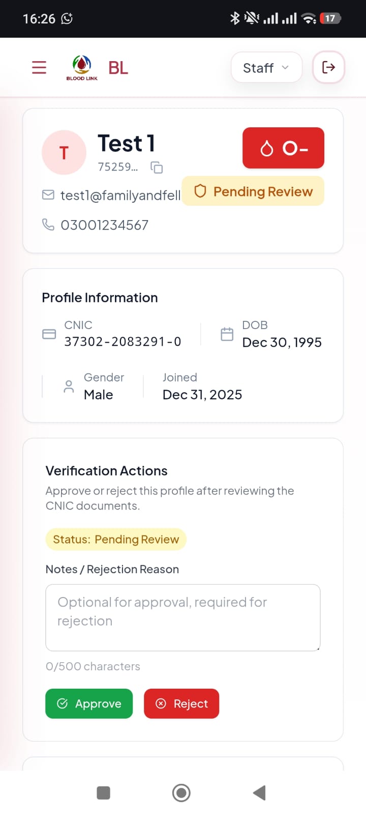 Blood Link profile verification screen